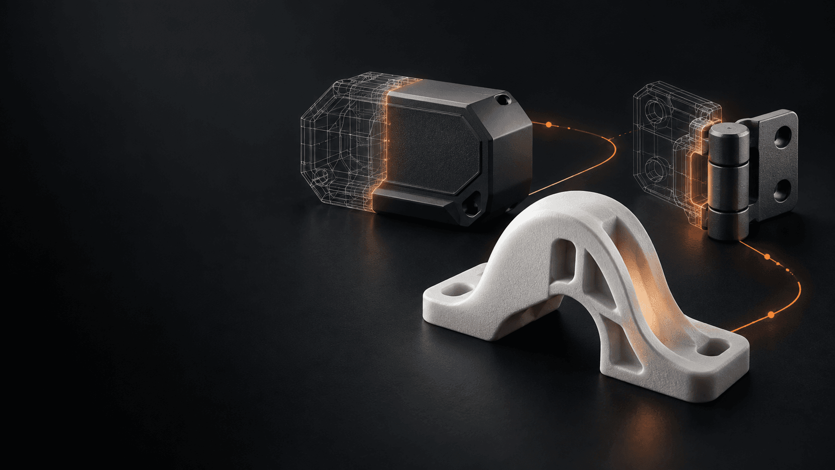 Three original manufactured parts emerging from CAD wireframes